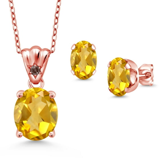 18K Rose Gold Plated Silver Yellow Citrine and Fancy Brown Zirconia Pendant and Earrings Jewelry Set for Women (5.83 Cttw, Gemstone Birthstone, Oval 11X9MM and 8X6MM with 18 inch Silver Chain)