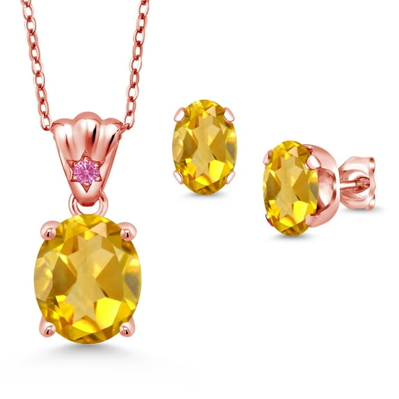 18K Rose Gold Plated Silver Yellow Citrine and Pink Zirconia Pendant and Earrings Jewelry Set for Women (5.83 Cttw, Gemstone Birthstone, Oval 11X9MM and 8X6MM with 18 inch Silver Chain)