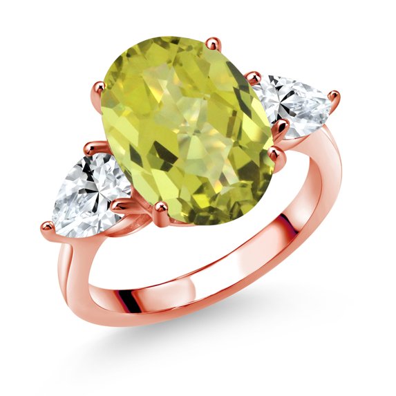 Gem Stone King 18K Rose Gold Plated Silver Yellow Lemon Quartz and White Created Sapphire Ring for Women (7.75 Cttw, 14X10MM Oval Checkerboard and 7X5MM Pear Shape, Gemstone, Size 6)