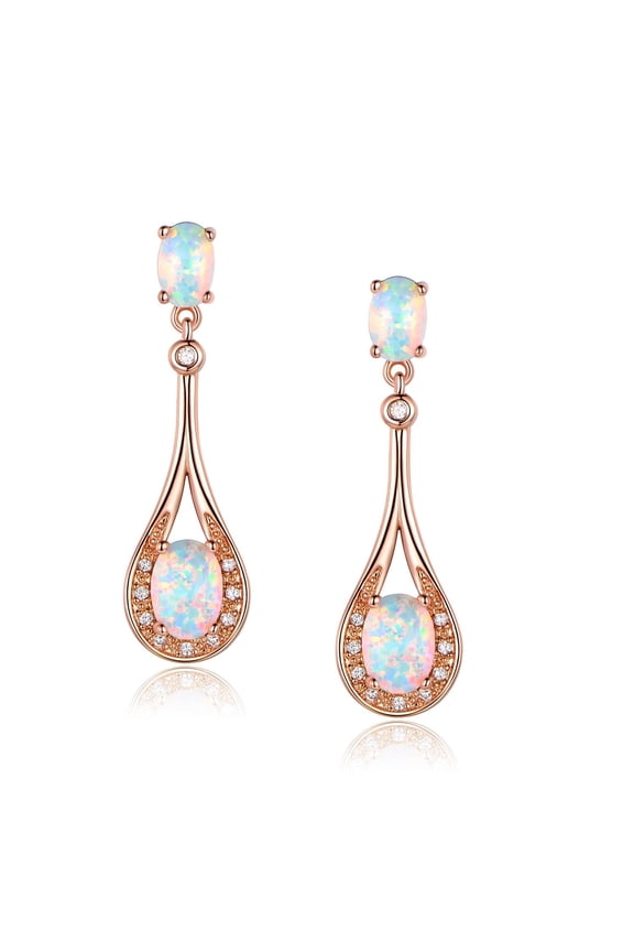 18K Rose Gold Plated White Fire Opal Birthstone Drop Earrings for Women
