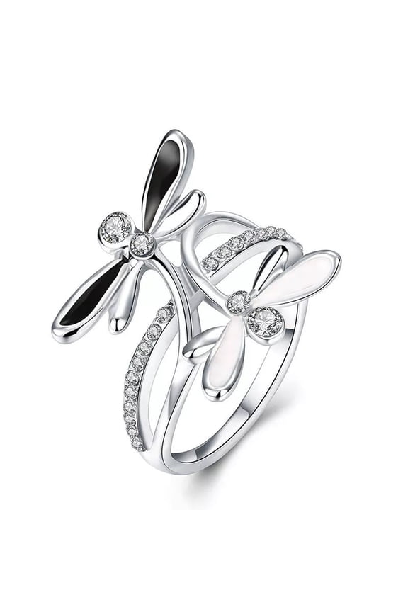 18K Rose Gold Platinum Plated Ring Black Aaa Zirconia Women Dragonfly B164