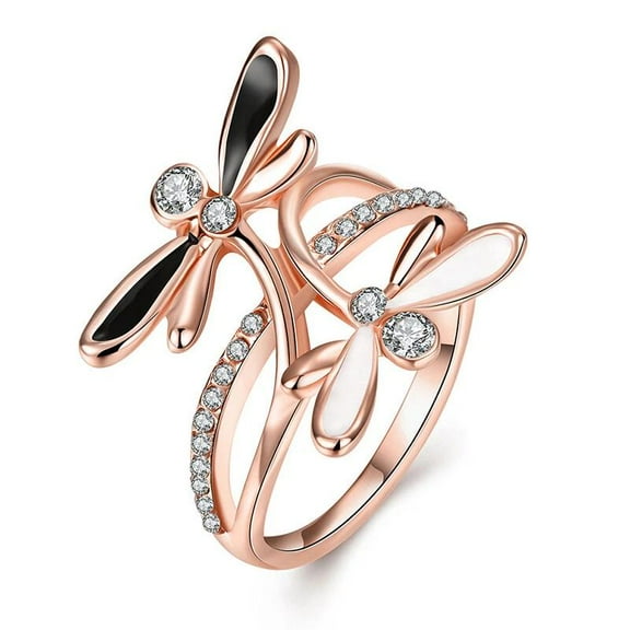 18K Rose Gold Platinum Plated Ring Black Aaa Zirconia Women Dragonfly B164