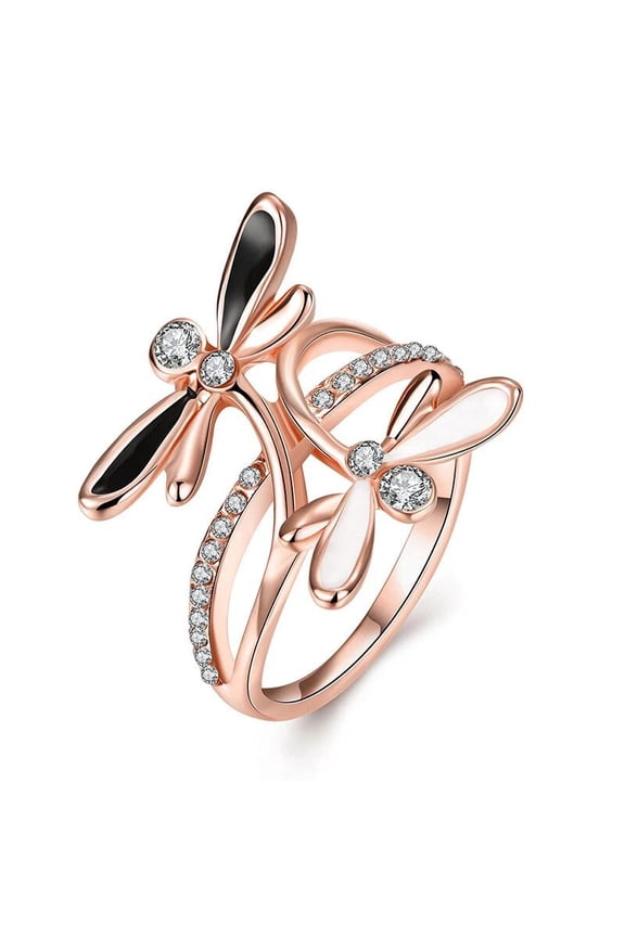 18K Rose Gold Platinum Plated Ring Black Aaa Zirconia Women Dragonfly B164