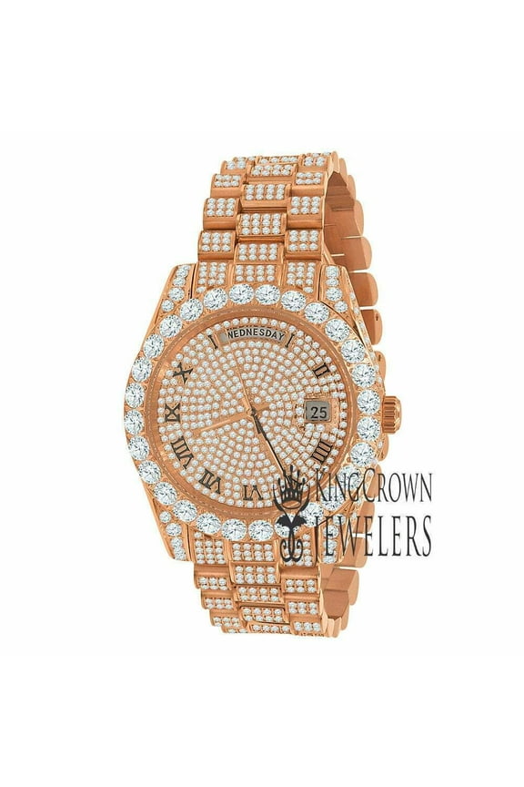 18K Rose Gold Tone Full Steel Day-Date Roman Face Solitaire Bezel Mens Simulated Diamond Watch 40mm