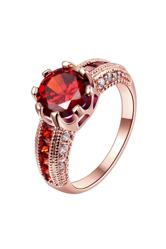 18K Rose Gold/Yellow Gold Plated Shiny Full Diamond Red Garnet Birthstone Red Gemstone Ring Fashion Eternity Engagement Wedding Band Ring Promise Ring for Women