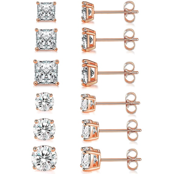 18K Rose Gold / Yellow Gold / White Gold Plated Round Cut Princess Cut Clear Cubic Zirconia Stud Earring of 6 Pairs (3-5-7MM)