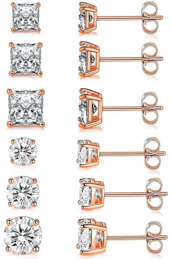 18K Rose Gold / Yellow Gold / White Gold Plated Round Cut Princess Cut Clear Cubic Zirconia Stud Earring of 6 Pairs (3-5-7MM)