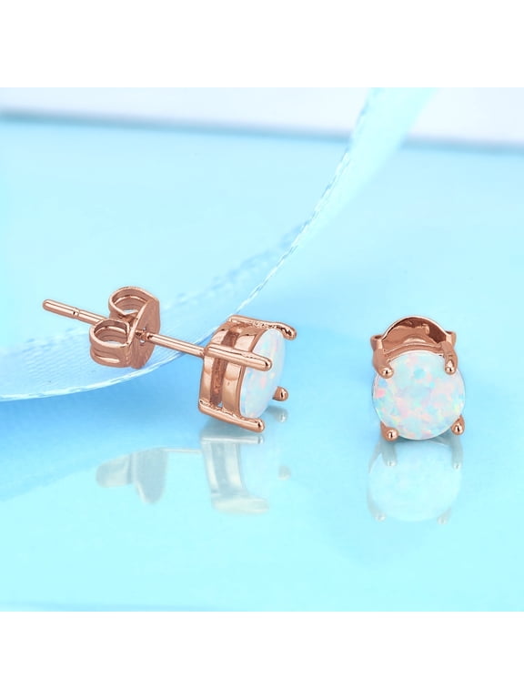 18K Rose Gold Plated over Sterling White Fiery Opal Stud Earring