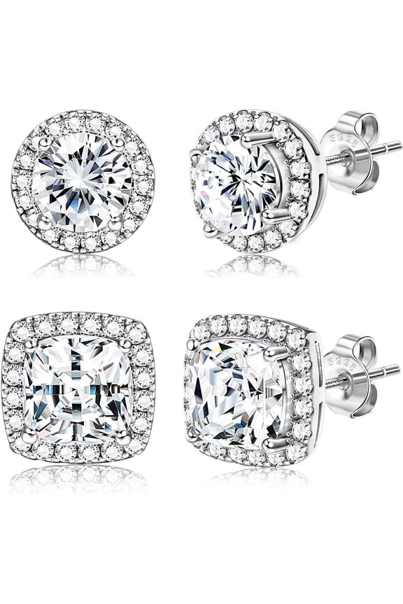 18K Silver Plated Halo Stud Earrings Silver Cubic Zirconia Stud Earrings Round Square Diamonique Stud Earrings Set for Women Men
