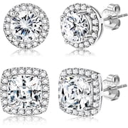 Silver Halo Stud Earrings Silver Cubic Zirconia Stud Earrings Round Square Diamonique Stud Earrings Set for Women Men