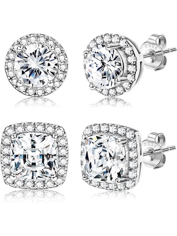 Silver Halo Stud Earrings Silver Cubic Zirconia Stud Earrings Round Square Diamonique Stud Earrings Set for Women Men