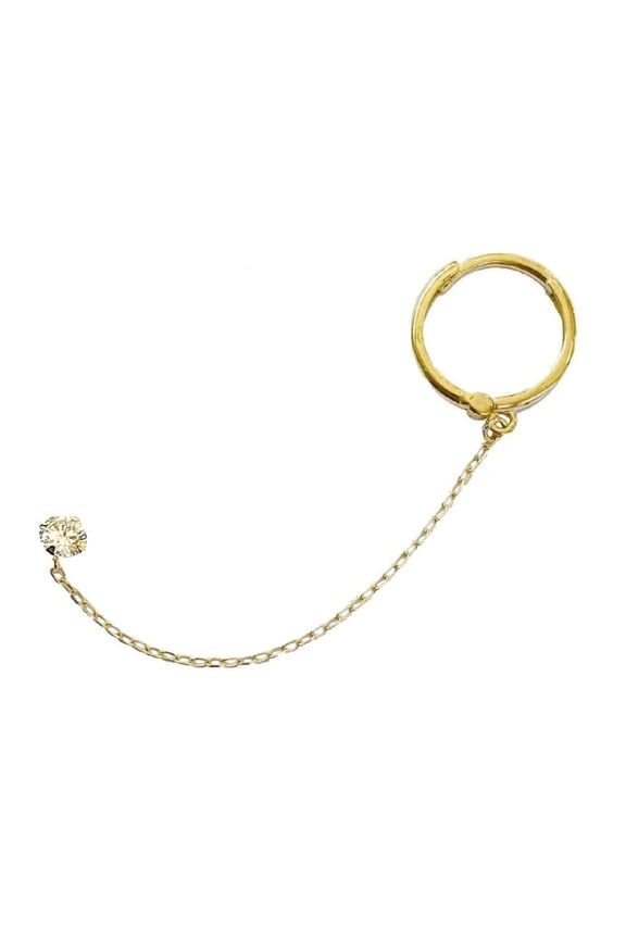 18K Sold Yellow Gold Huggie Hoop Chain connected to Zirconia Stud Post Earrings