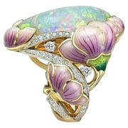 BEDAZZLEDBIJOU 18K Solid Gold Floral Lavender Fuchsia Lotus Enamel Oval Cut Fire Opal Band Rings