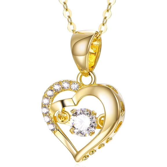 18K Solid Gold Heart Necklace for Women, Yellow Gold Dancing Gemstone Love Heart Pendant Jewelry Anniversary Birthday Gift for Women, 18"