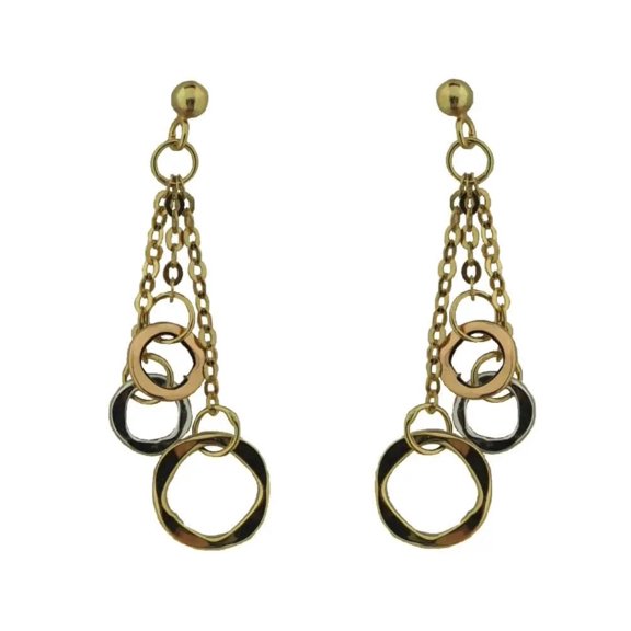 18K Solid Gold Tri-Color Square-Cut Circle Dangle Earrings