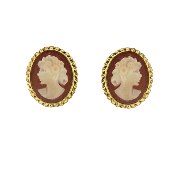 18K Solid Gold small woman oval cameo stud post earrings