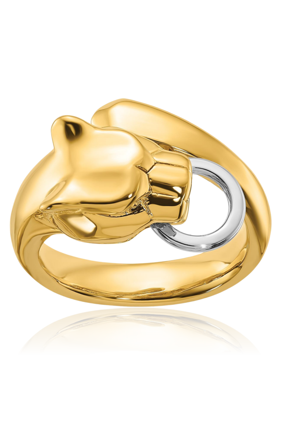 18K Solid Two Tone Gold White Panther Head Bypass Ring