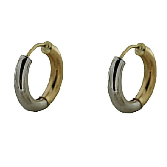 18K Solid Two Tone Round Tubular Hinged Hoop Huggie Earrings. Diameter 0.42 inch