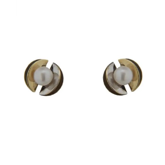 18K Solid Two Tone Yellow open Circle with central Pearl Covered Screwback Earrings