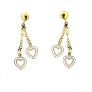 18K Solid Two-Toned Gold Double Open Heart Dangle Post Earrings.
