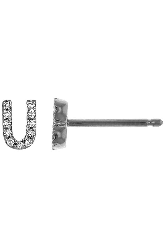 18K Solid White Gold Natural Diamond Initial 'U' Letter Mix & Match SINGLE Stud Earring (Half Pair)