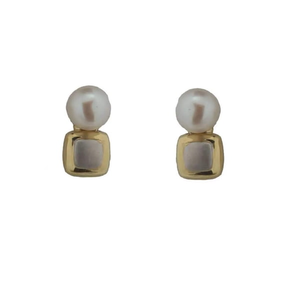 18K Solid White and Yellow Gold Square and Pearl Covered Screwback Earrings