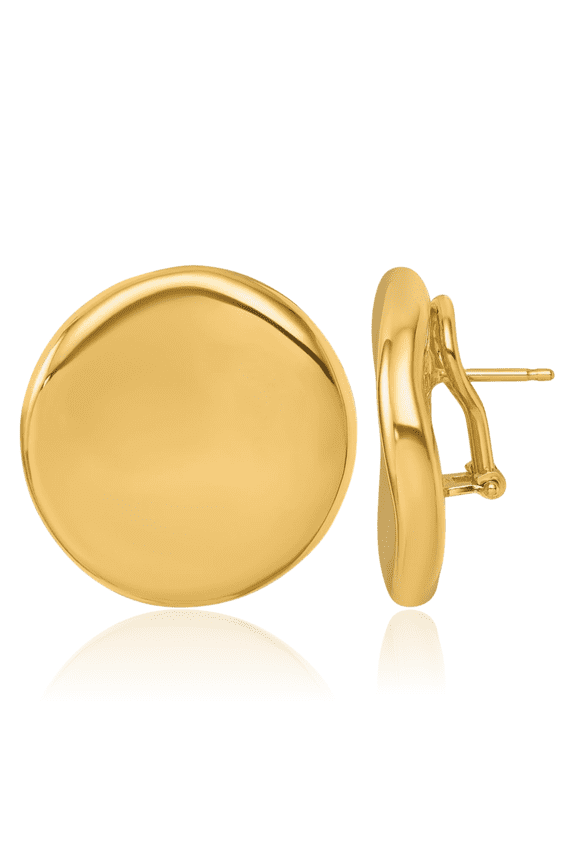 18K Yellow Gold Extra Large Round Button Stud Earrings - 26mm 1 inch - Lightweight, Omega Back Women's