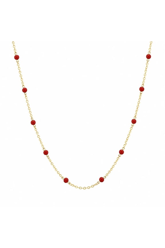 18K Solid Yellow Gold 3.50mm. Reconstructed Coral Beads Diamond Cut Chain Necklace 16 inches