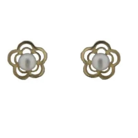 18K Solid Yellow Gold 3 mm Pearl Flower Covered Screwback Earrings