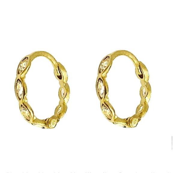 18K Solid Yellow Gold All around Marquise Zirconia Huggie Hoop Earrings