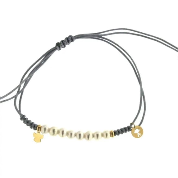 18K Solid Yellow Gold Angel and pearls Light Grey Macrame bracelet.