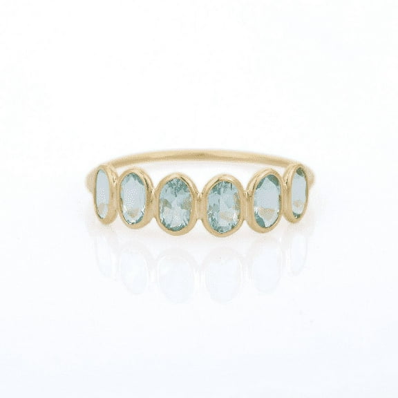 18K Solid Yellow Gold Aquamarine Gemstone Ring- Designer Half Eternity Band