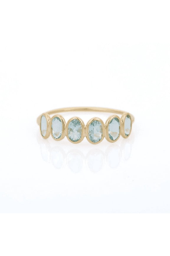 18K Solid Yellow Gold Aquamarine Gemstone Ring- Designer Half Eternity Band