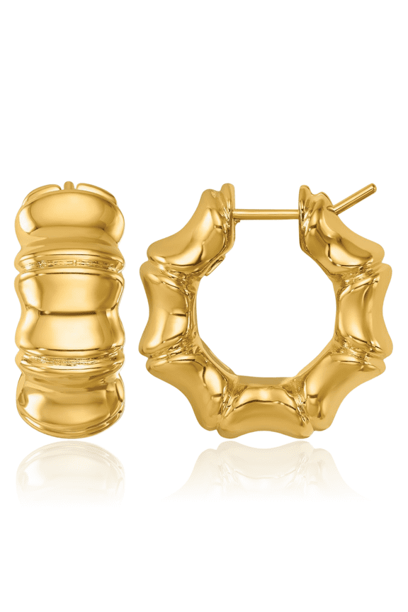 18K Solid Yellow Gold Medium Bamboo Round Hoop Earrings - 23mm 7/8 inch - Snap Back, Grooved Women's