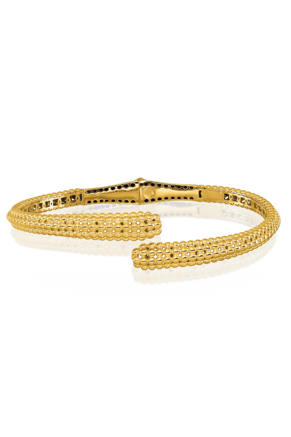 18K Solid Yellow Gold 4.3mm Thick Beaded Ball Wrap Bypass Hinged Cuff Bracelet - 7 inch - Polished Women's