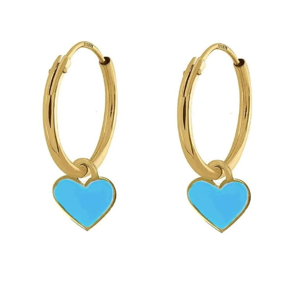 18K Solid Yellow Gold Blue Enamel Dangle Heart Endless Hoop Earrings