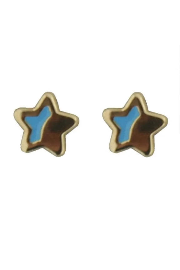 18K Solid Yellow Gold Blue Enamel Star Covered Screwback Earrings