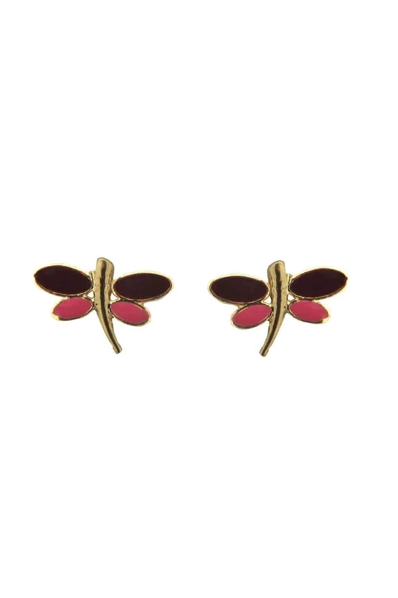 18K Solid Yellow Gold Burgundy Red and Pink Enamel Dragon Fly Covered Screwback Earrings