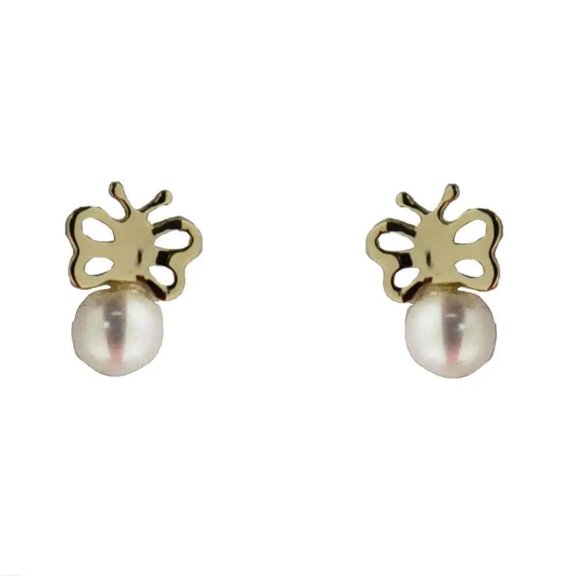 18K Solid Yellow Gold Butterfly and pearl covered screwaback earring