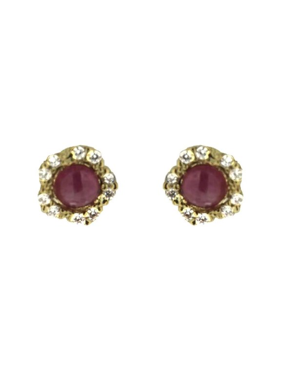 18K Solid Yellow Gold Cabochon Ruby and Zirconias Flower Covered Screwback Earrings