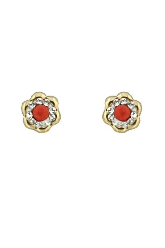 18K Solid Yellow Gold Center Coral Bead and Zirconia Flower Covered Screwback Earrings