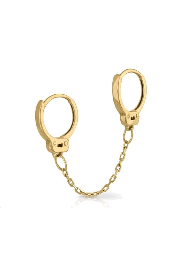 18K Solid Yellow Gold Chained Handcuff Hinged Hoops Earrings