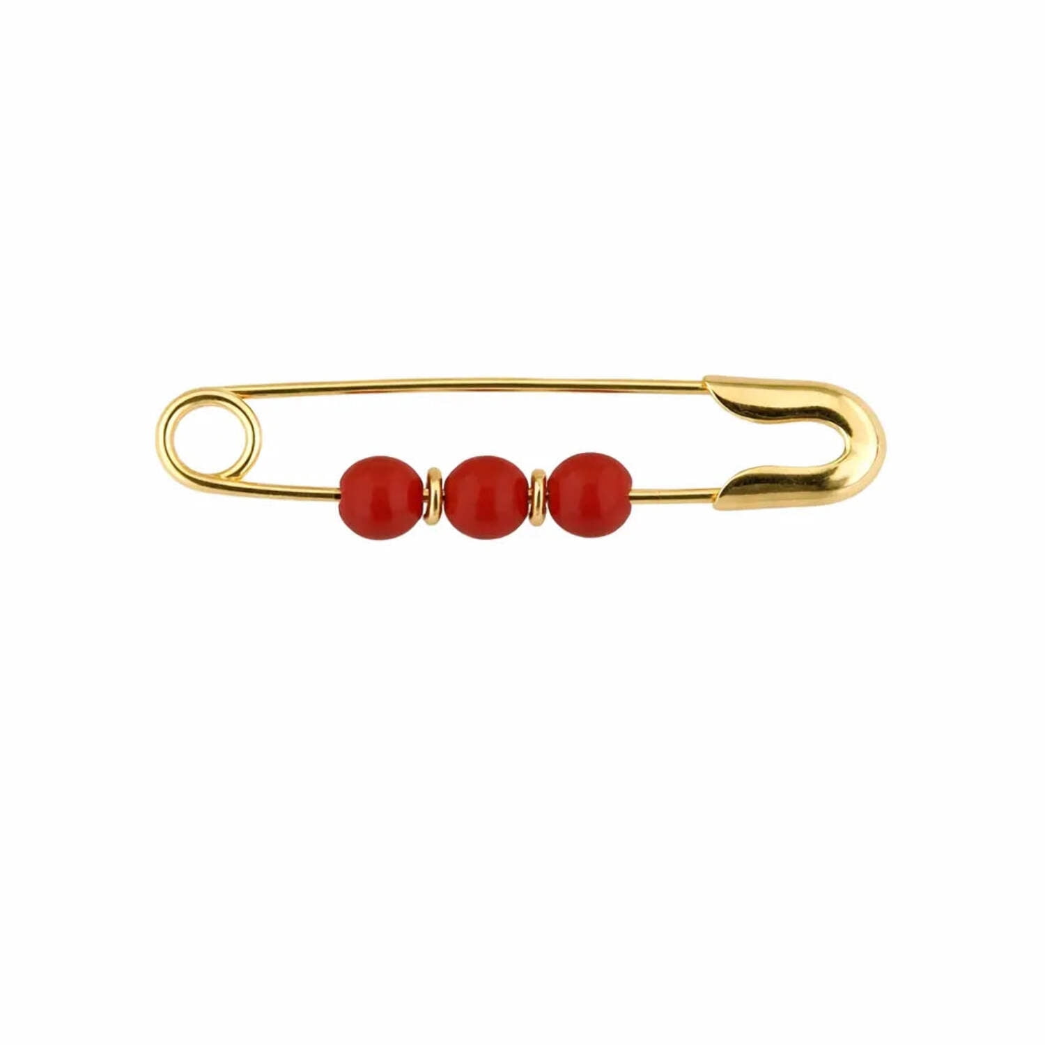 18K Solid Yellow Gold Coral beads Safety Pin 1 inch