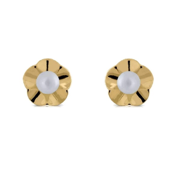 18K Solid Yellow Gold Cultivated Pearl or Turquoise Waive Polished Flower Earrings