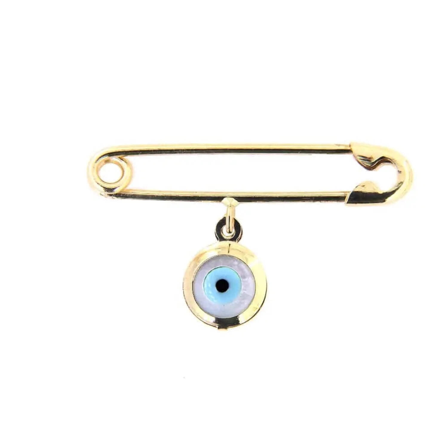 18K Solid Yellow Gold Dangle Evil Eye Safety Pin Pendant