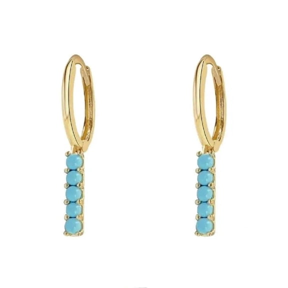 18K Solid Yellow Gold Dangle Five mini turquoise beads Hugie Hoop Earrings