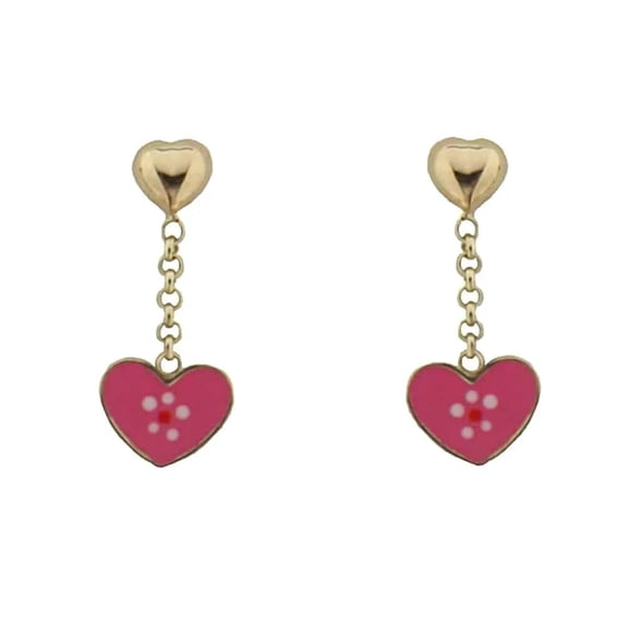 18K Solid Yellow Gold Dangle Pink Heart with center flower Enamel Post earrings