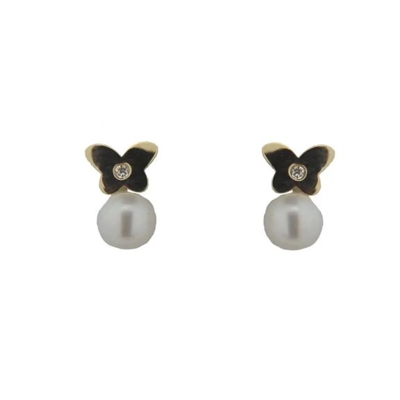 18K Solid Yellow Gold Diamond Butterfly and Cultivated Pearl Covered Screwback Earrings