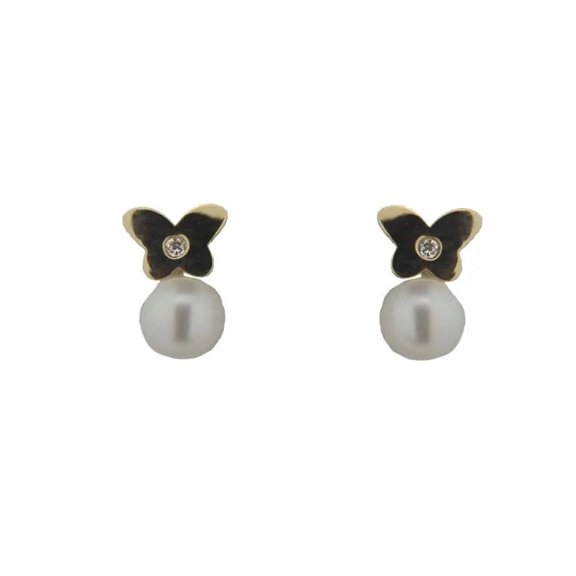 18K Solid Yellow Gold Diamond Butterfly and Cultivated Pearl Covered Screwback Earrings