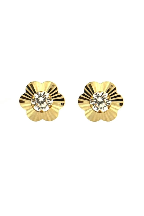 18K Solid Yellow Gold  Diamond Cut with Center White Cubic Zirconia Flower Covered Screwback Earrings